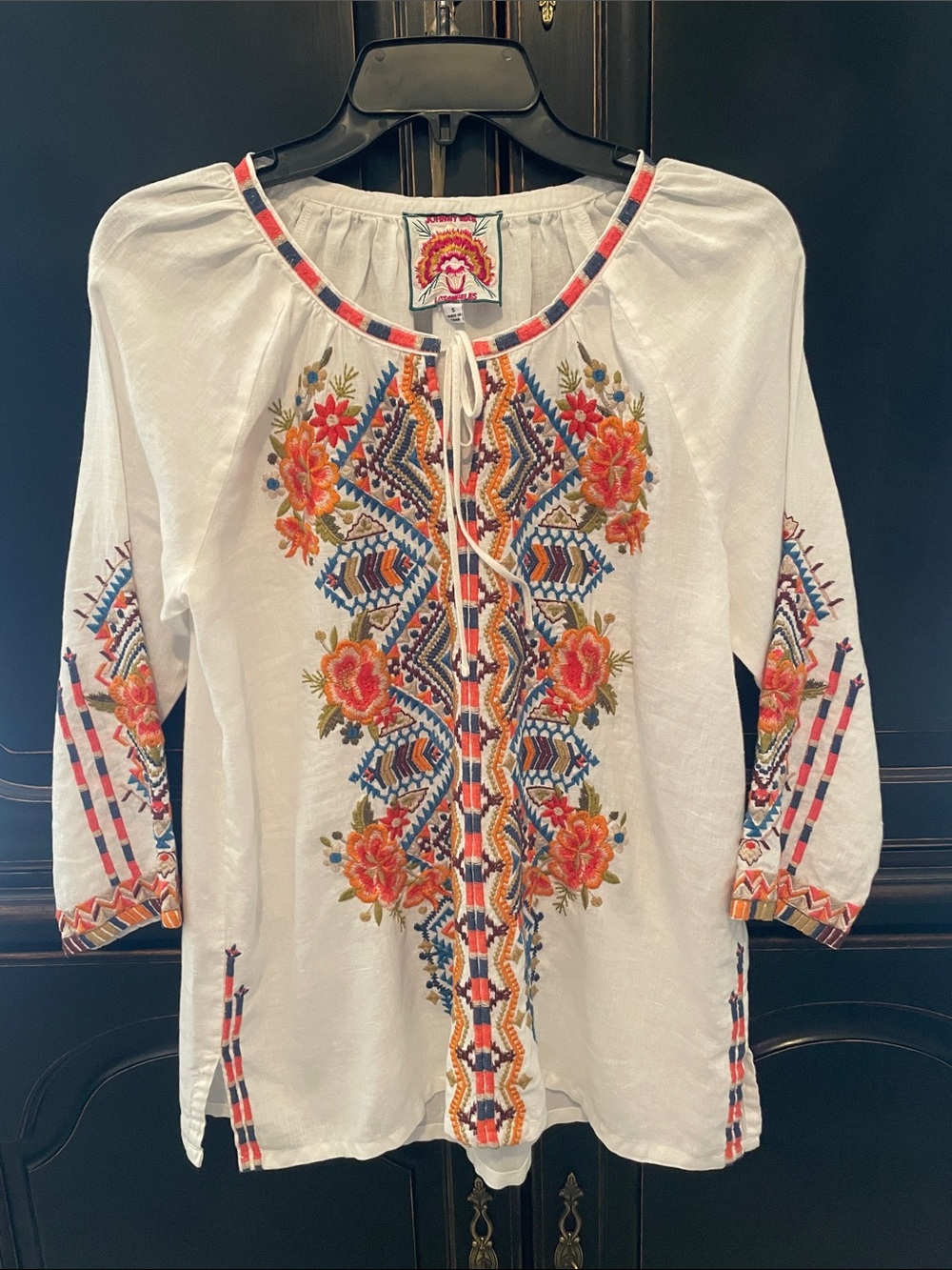 Johnny Was White Tunic with Multicolor Floral Embroidery